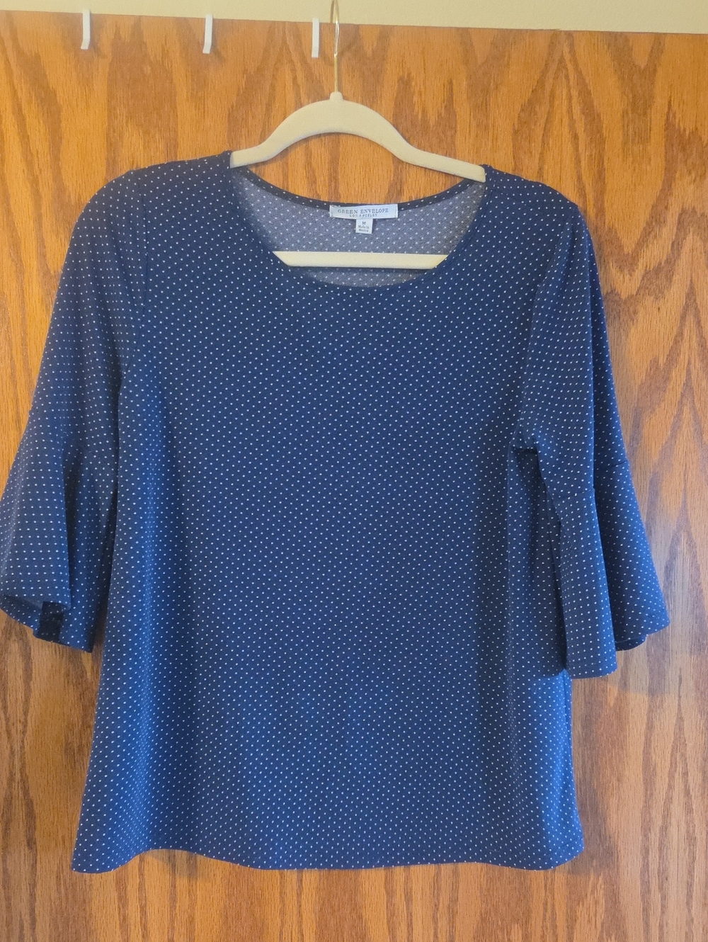 Green Envelope Navy Polka Dot Bell Sleeve Blouse